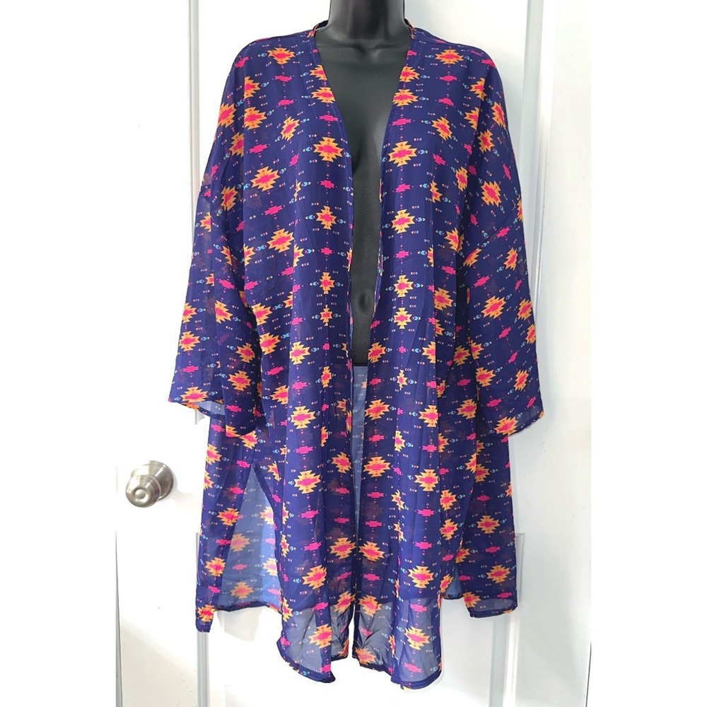 Grace & Emma Purple/Pink Aztec Print Colorful Western Duster Kimono Shawl - Picture 3 of 7